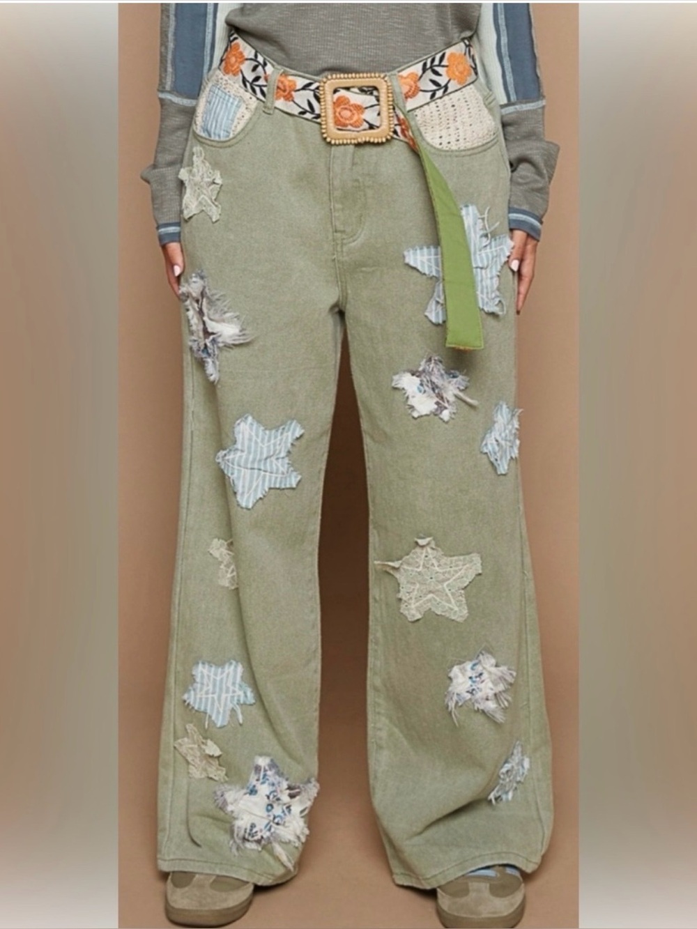 POL Olive Green Wide-Leg Star Patch Pants